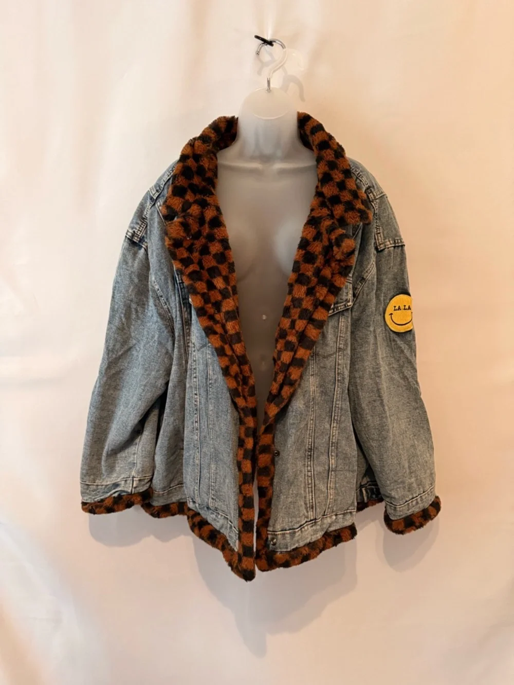 Denim Jacket with Checked Faux Fur Trim - Picture 2 of 5
